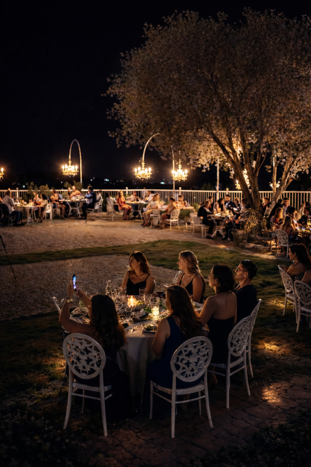 Evening outdoor dinner for a private group gathering at Chef's Atelier